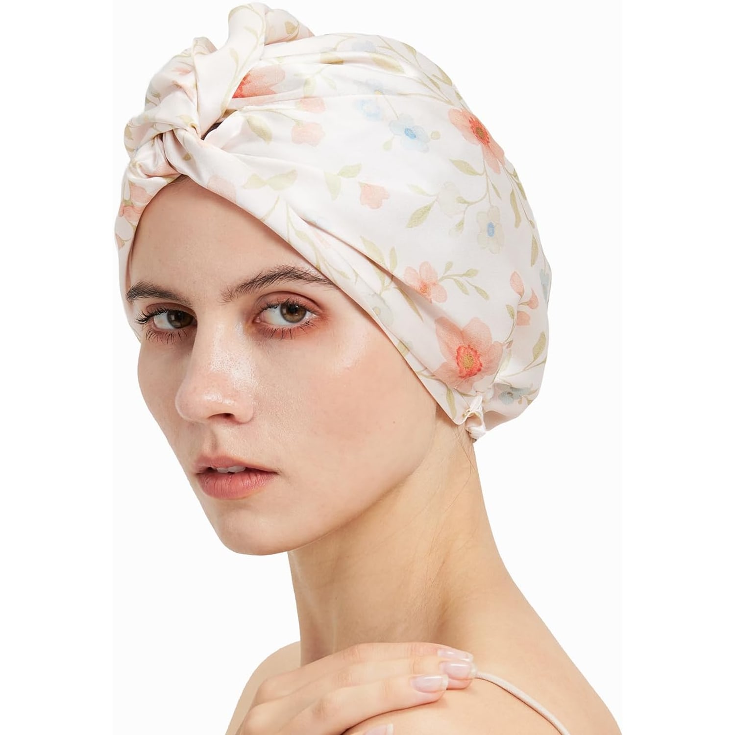 Pink Flower Double-Layer Mulberry Silk Bonnet