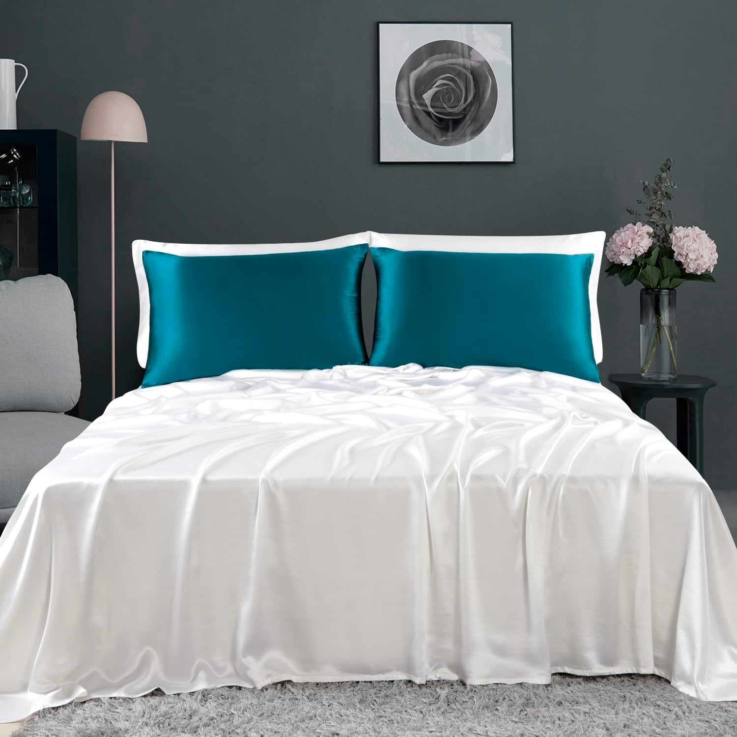 Peacock Blue Mulberry Silk Pillowcase Queen 19 Momme: image 4