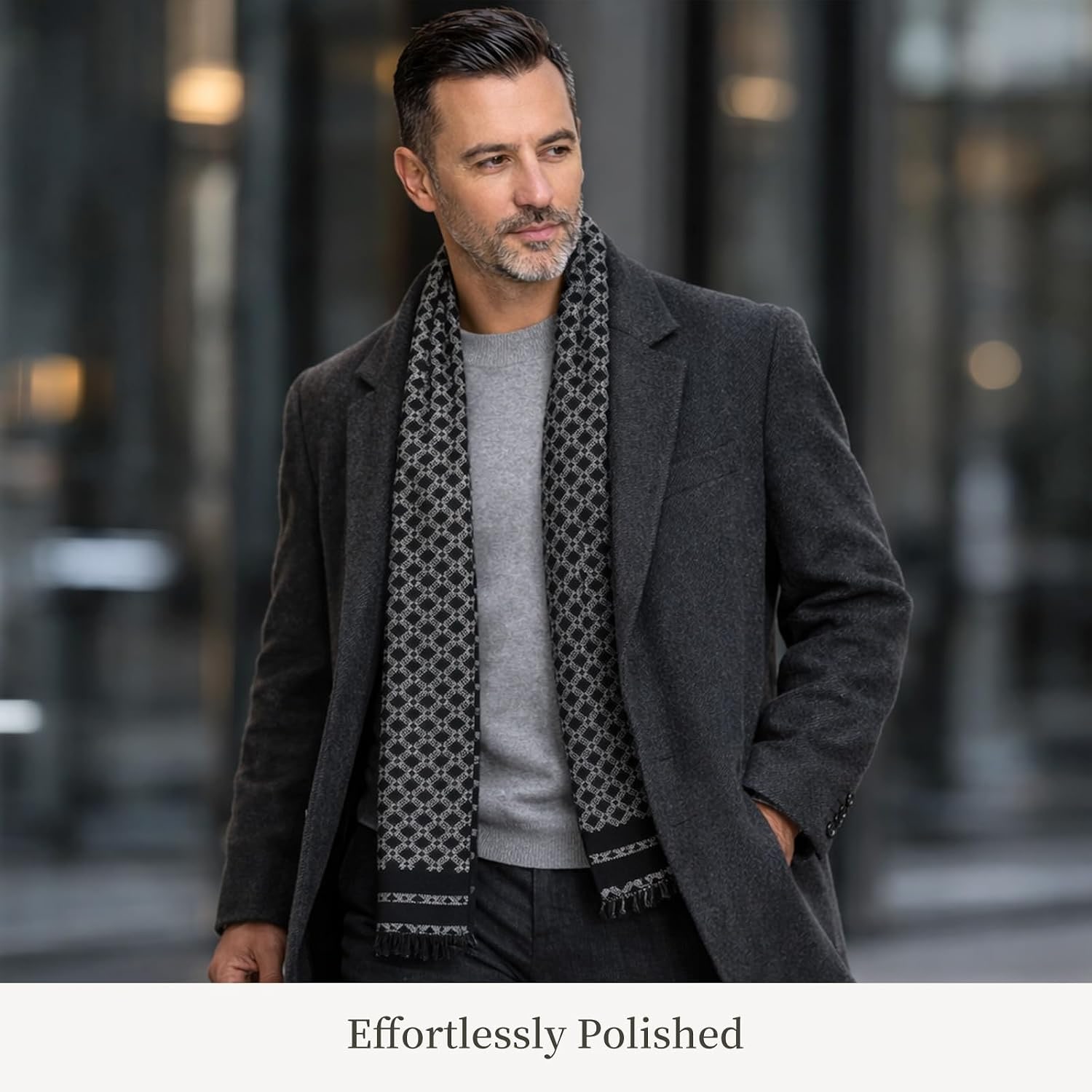 Brushed Mulberry Silk Scarf in Grey and Black Geometric: image 6