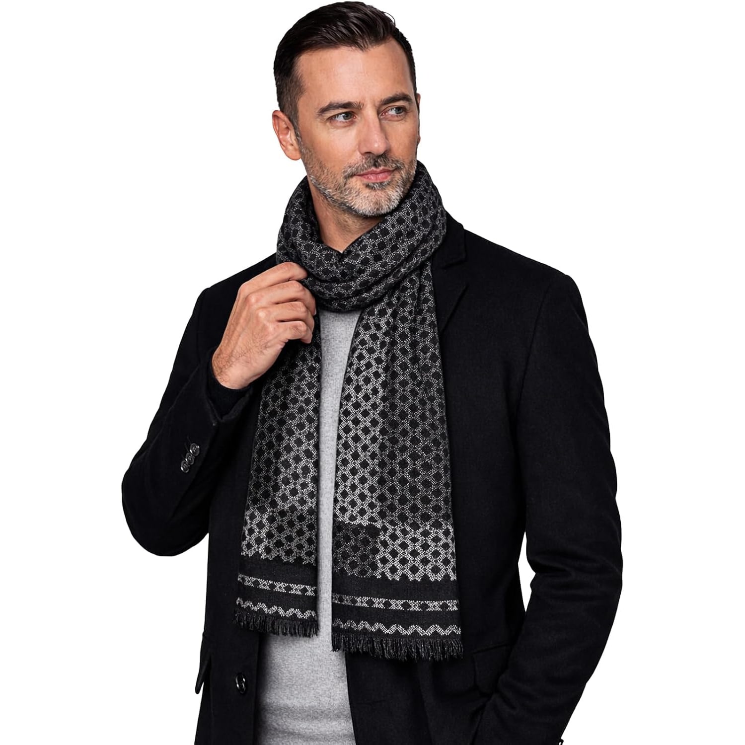 Brushed Mulberry Silk Scarf in Grey and Black Geometric