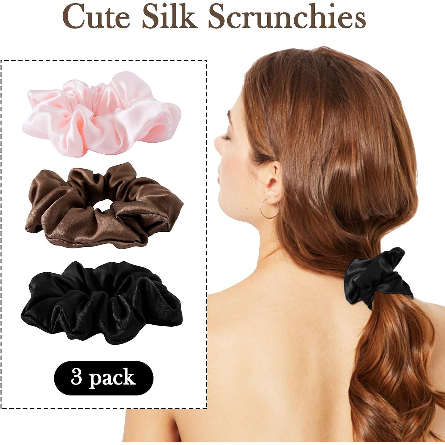 Mulberry Silk Scrunchies 3 Pack (Brown, Black, Pink): image 2