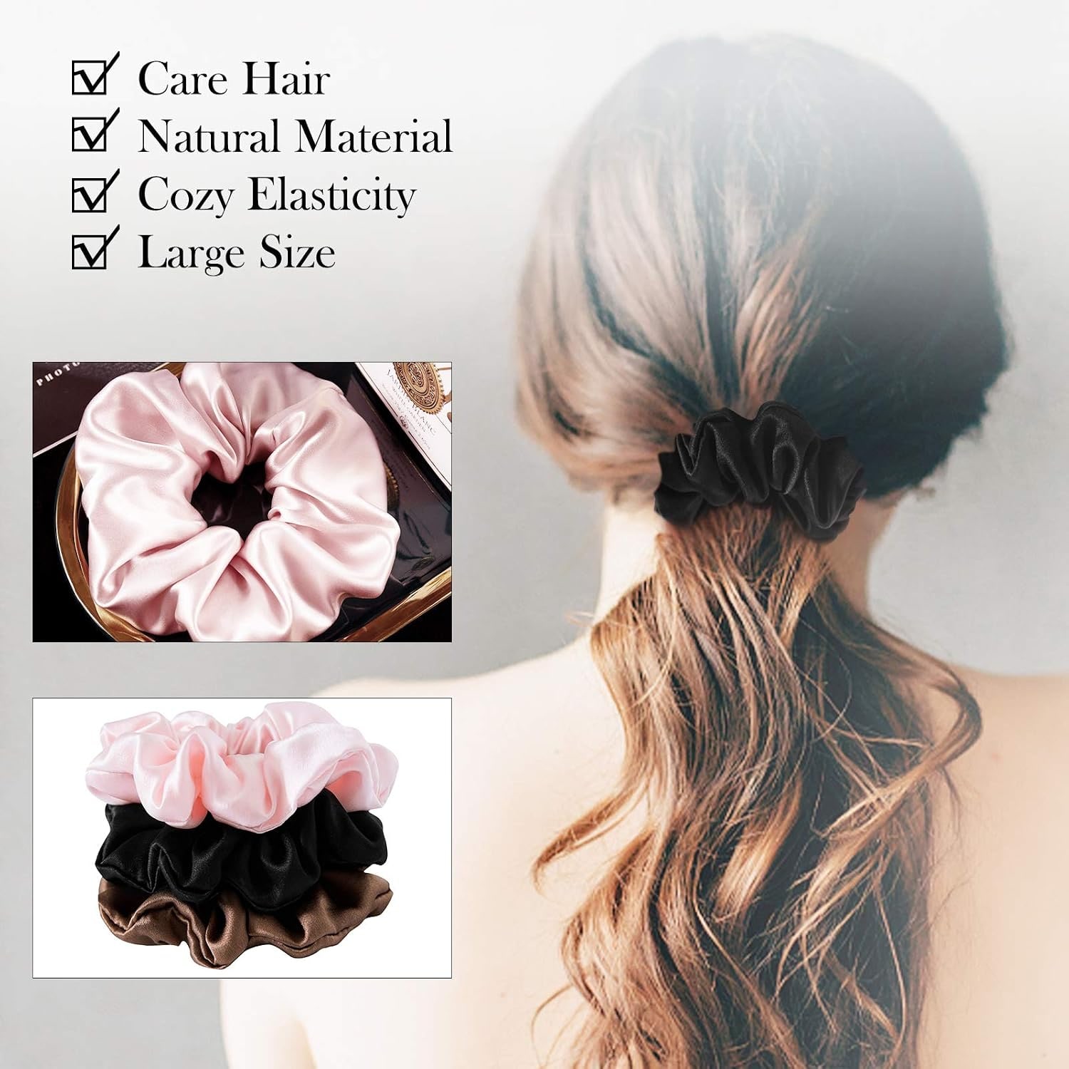Mulberry Silk Scrunchies 3 Pack (Brown, Black, Pink): image 6