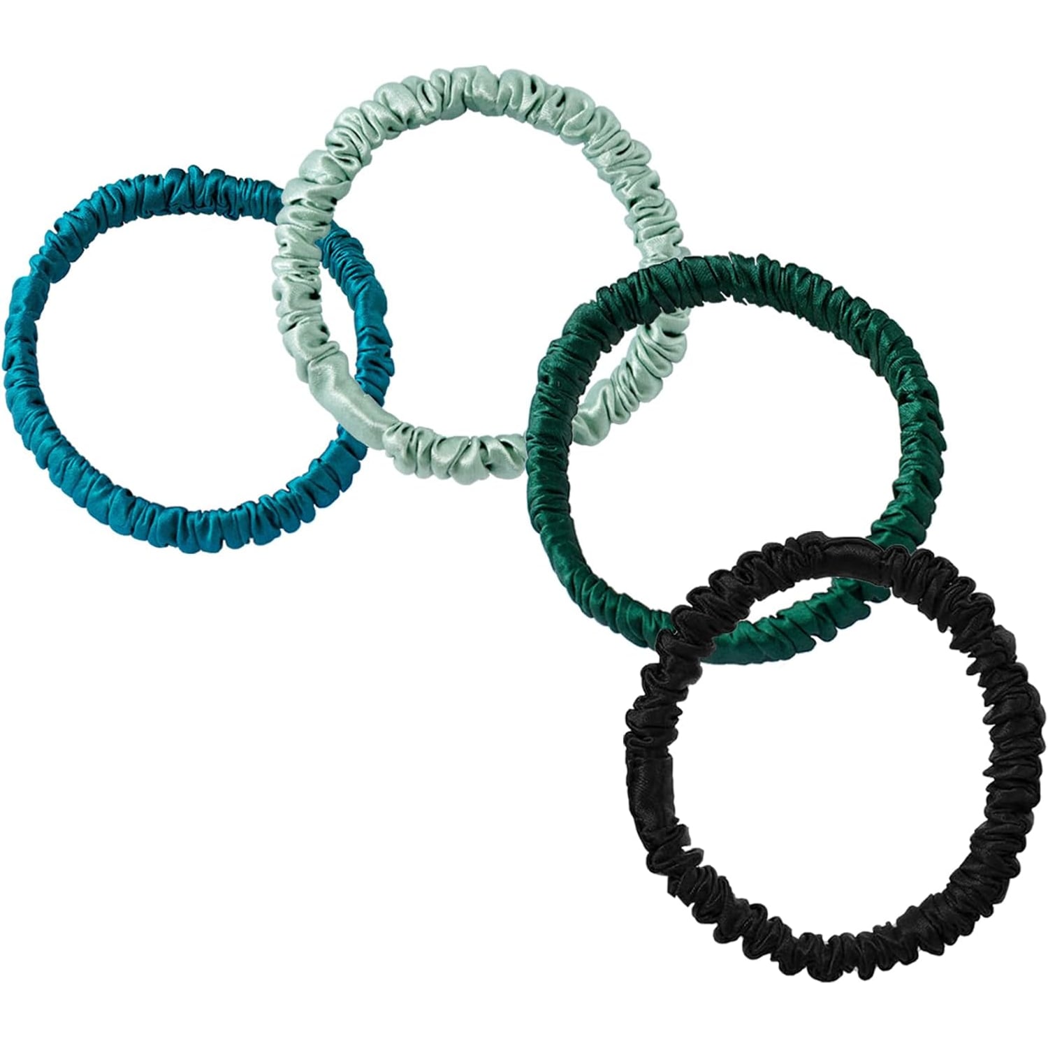 Skinny Silk Scrunchies 4 Pack, Green and Blue